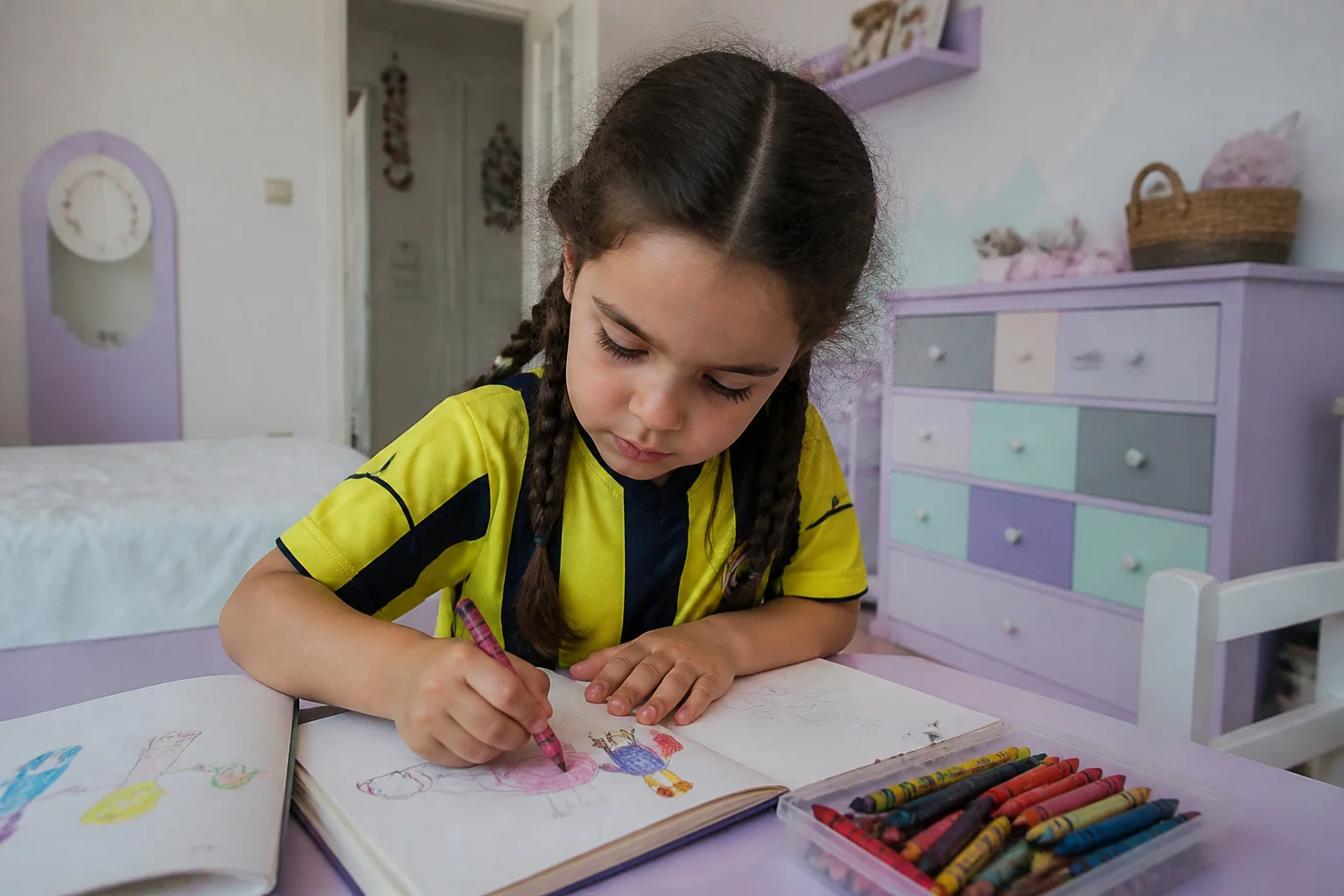 Sarı siyah forma giymiş küçük bir kız çocuk odasındaki masada renkli kalemlerle resim yapıyor