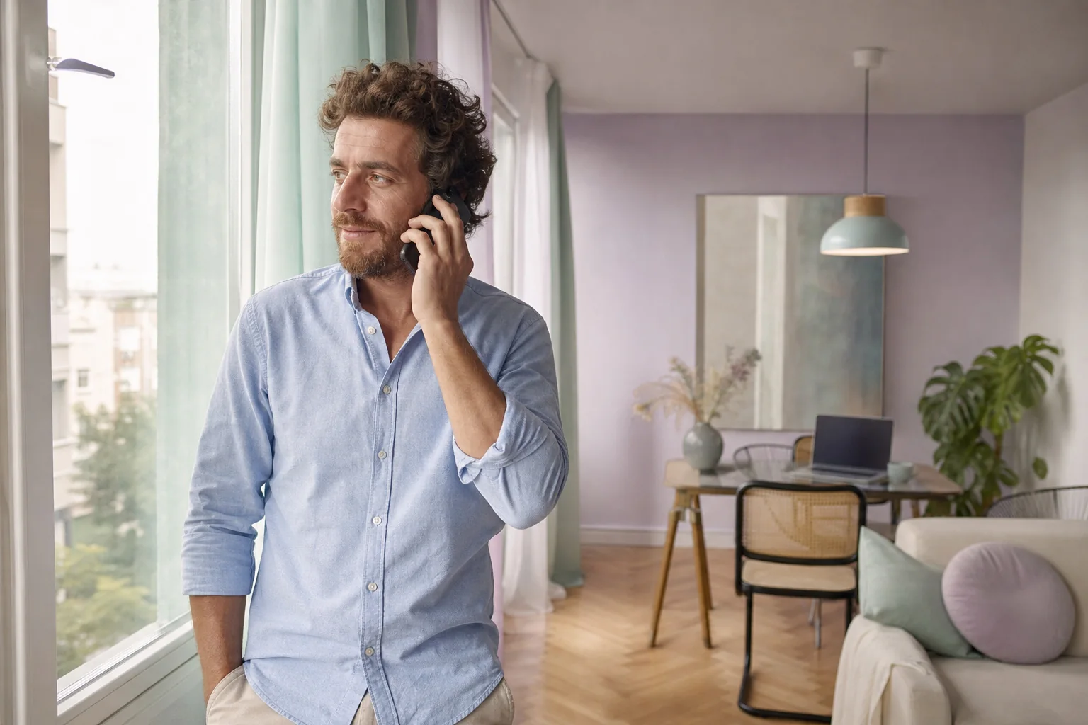 Lila duvarlı bir odada pencere önünde telefonla konuşan açık mavi gömlekli adam