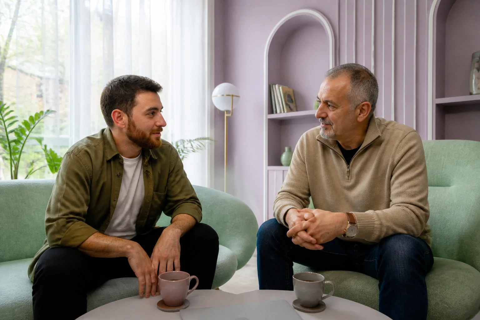 Haki gömlekli genç bir adam ve gri saçlı yaşlı bir adam terapi odasında koltuklarda karşılıklı oturmuş konuşuyor